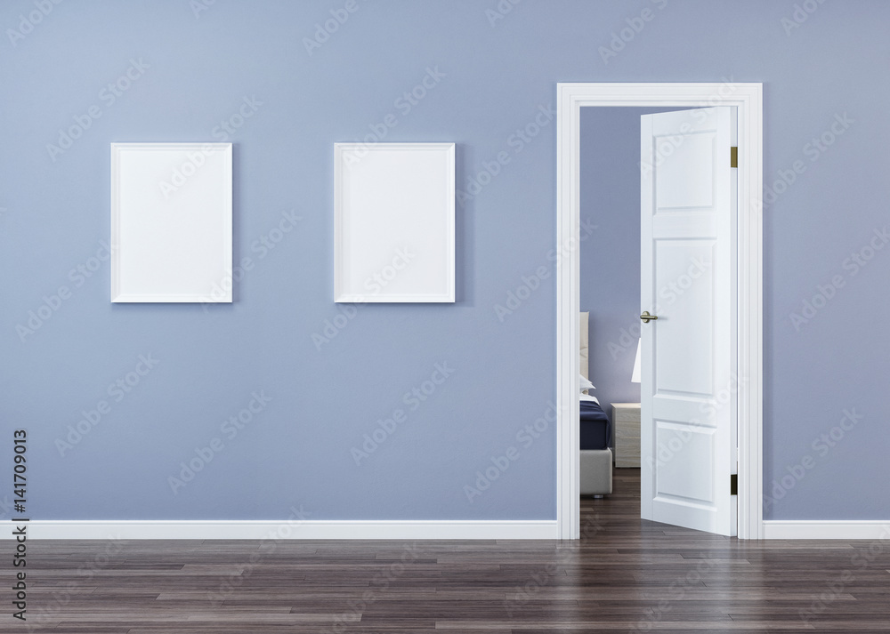 Fototapeta premium White door in the interior with a blue wall. 3D rendering.