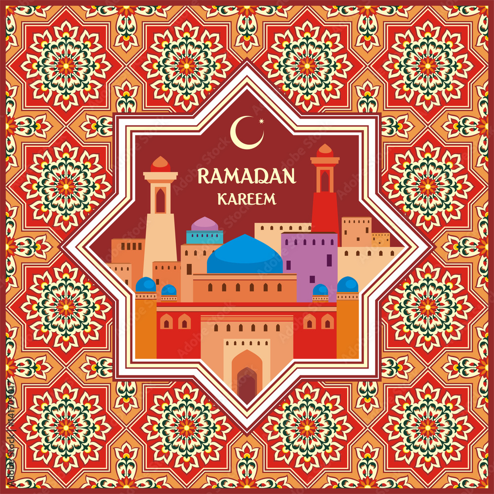 Ramadan greeting card with the image of the ancient Middle Eastern town with mosques and minarets decorated by a pattern in Mauritian style. Vector template