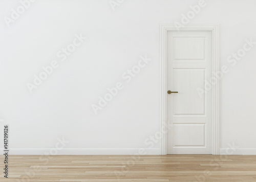 White door in the interior with a white wall. 3D rendering.
