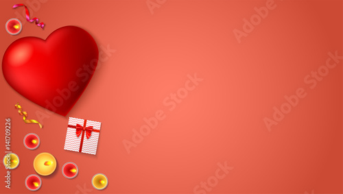Romantic background, big red heart, burning candles, gift box with red bow and ribbon, colored serpentine, close-up on colored background. Template for greeting cards, invention or greetings 