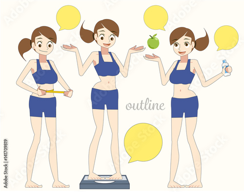 women diet concept. lose weight Introduction to Health Care. outline character for Content..(Cartoon outline).