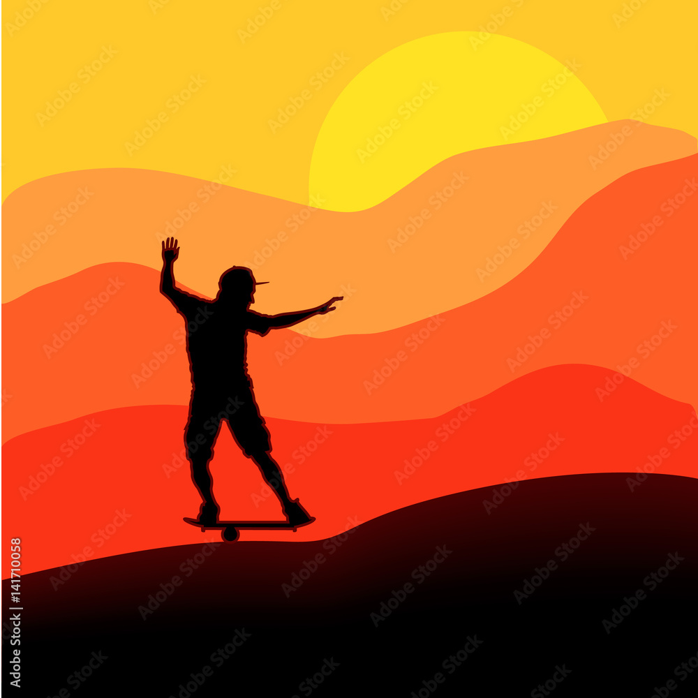 Sunset scene with athletic young man on fitness balance board. Silhouette teenager, balancing on a special board on sunset background. Relaxation and reflection - concept summer holiday