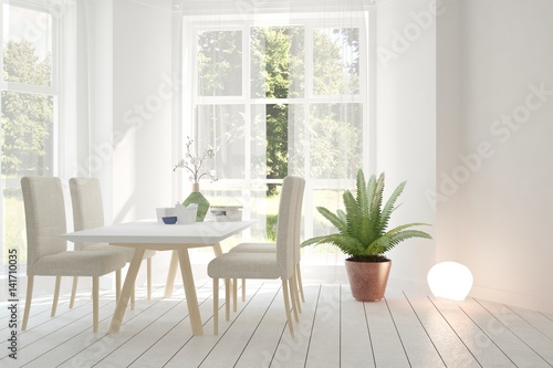 Fototapeta Naklejka Na Ścianę i Meble -  White dinner room with green landscape in window. Scandinavian interior design. 3D illustration