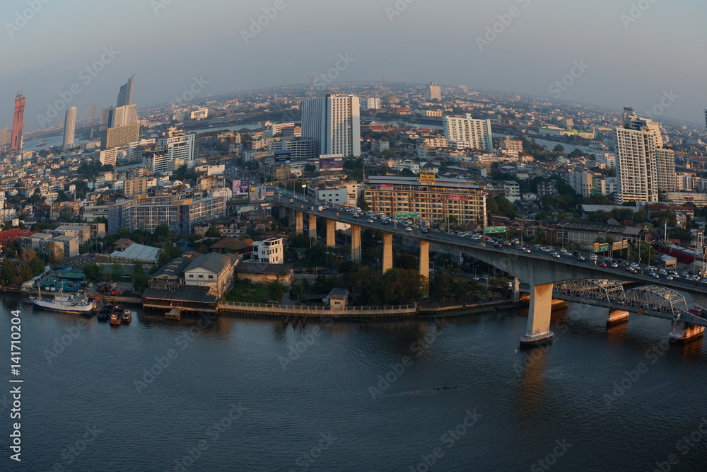 Fish eye view of Bangkok city waterfront