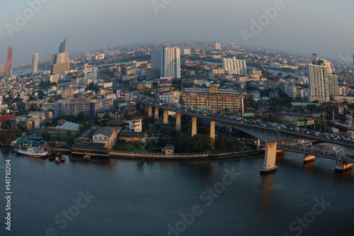 Fish eye view of Bangkok city waterfront