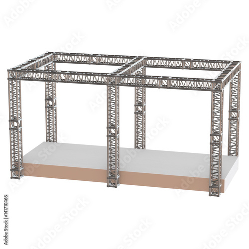 Steel truss girder rooftop construction with outdoor festival stage. 3d render podium isolated on white.
