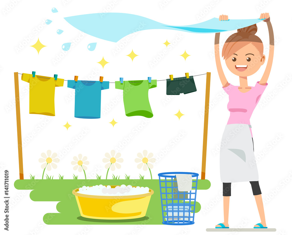 Washing on a sunny day. Holiday activities. The basic housework. Washing on a sunny day. Holiday activities. The basic housework.