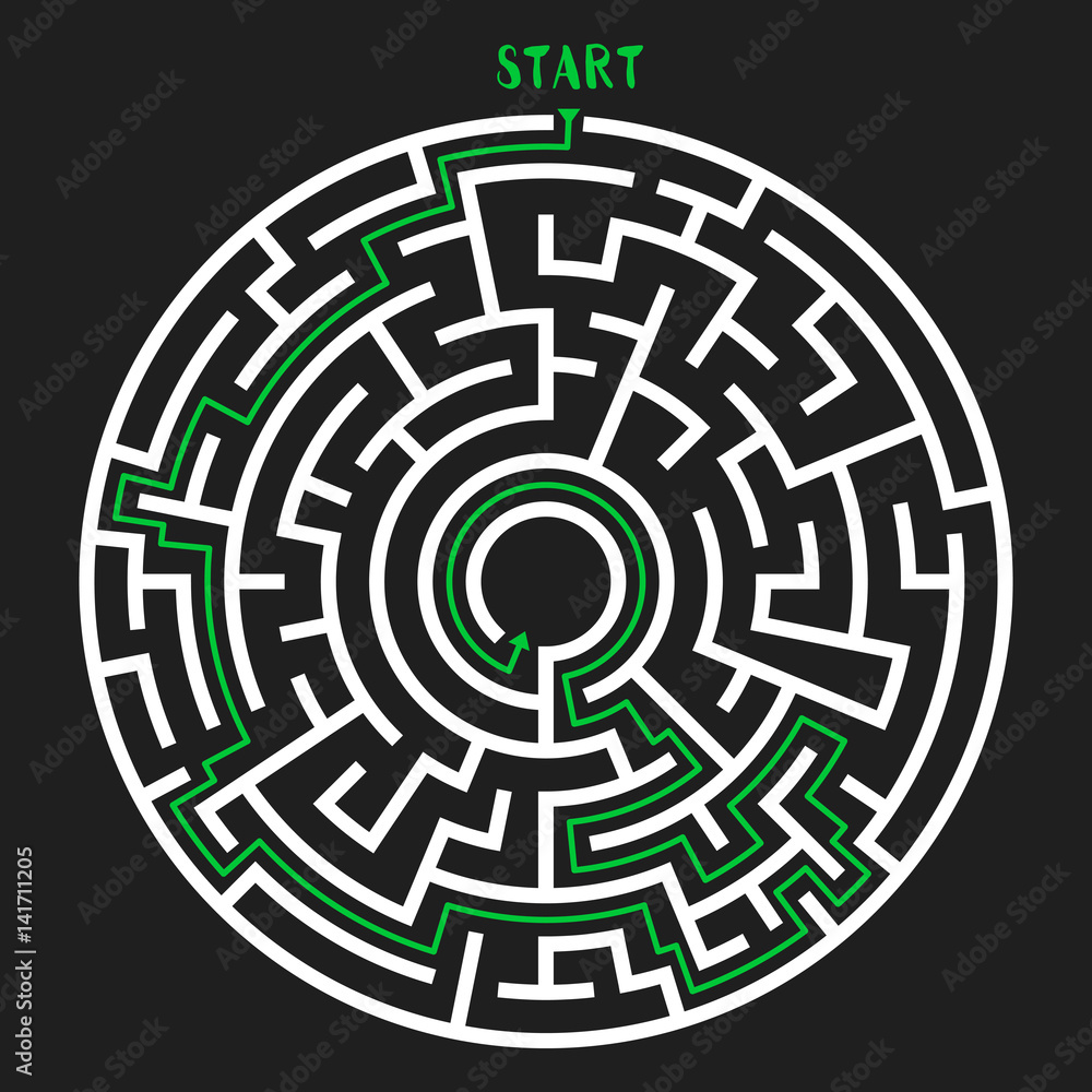 Circle Maze with Solution. Labyrinth with Entry and Exit. Find the Way