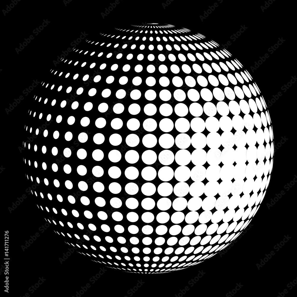 Vector halftone sphere stylized logo. Dotted orb design element on black. Vector halftone sphere stylized logo. Dotted orb design element on black.
