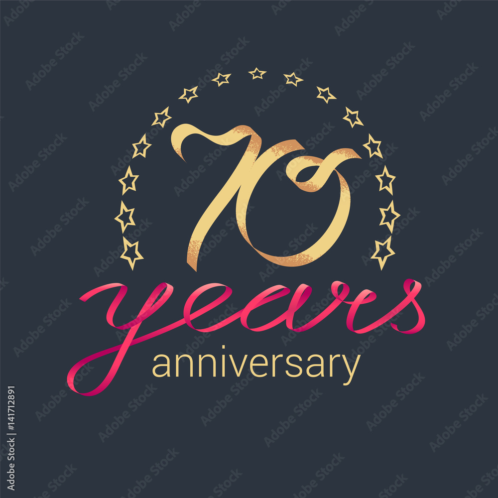 70 years anniversary vector icon, logo. Graphic design element with golden realistic ribbon curls for decoration for 70th anniversary 70 years anniversary vector icon, logo. Graphic design element with golden realistic ribbon curls for decoration for 70th anniversary