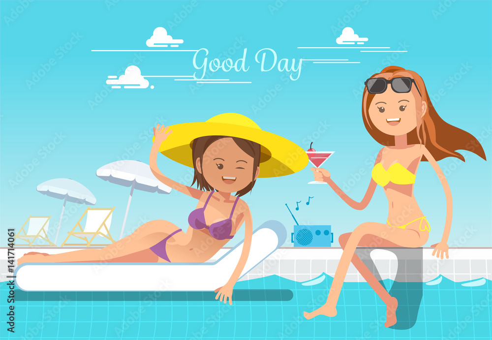 Holiday of woman. Service at the pool. Relax in summer. Holiday of woman. Service at the pool. Relax in summer.