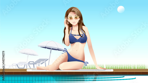 Holiday of sexy woman. Service at the pool. Relax in summer.
