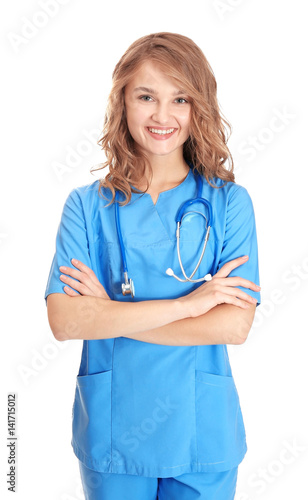 Young beautiful doctor on w...