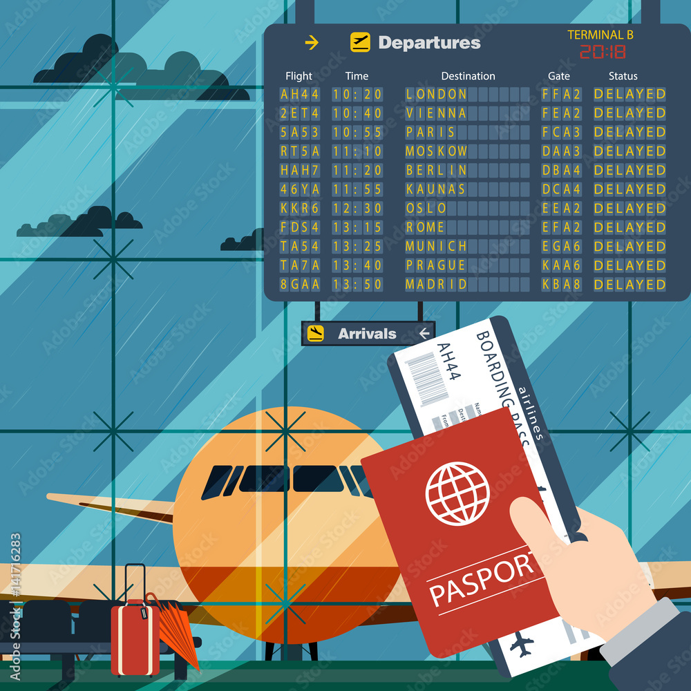 Man with passport and boarding pass waiting flight. Illustration inside in  flat design of airport with a plane with gangplank, timetable in background.  All flights delayed due to bad weather Stock Vector |
