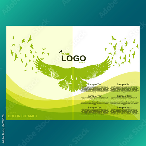 Green eco brochure, flyer, magazine cover, poster template. Modern vector leaf, environment design. Raven with double exposure effect background.