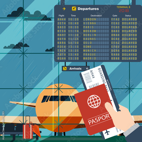 Man with passport and boarding pass waiting flight. Illustration inside in flat design of airport with a plane with gangplank, timetable in background. All flights  delayed due to bad weather