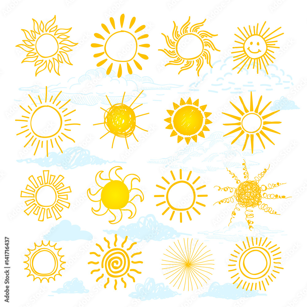 Funny vector doodle suns. Freehand drawing set. Isolated on white background. Funny vector doodle suns. Freehand drawing set. Isolated on white background.
