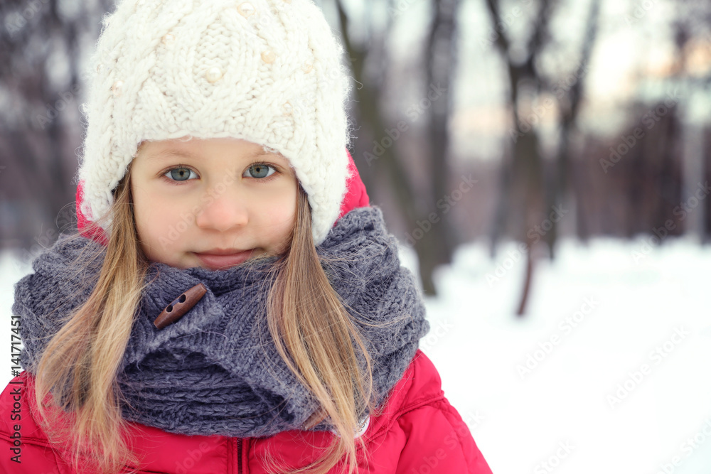 Portrait of cute little girl in beautiful warm outfit on winter background Portrait of cute little girl in beautiful warm outfit on winter background