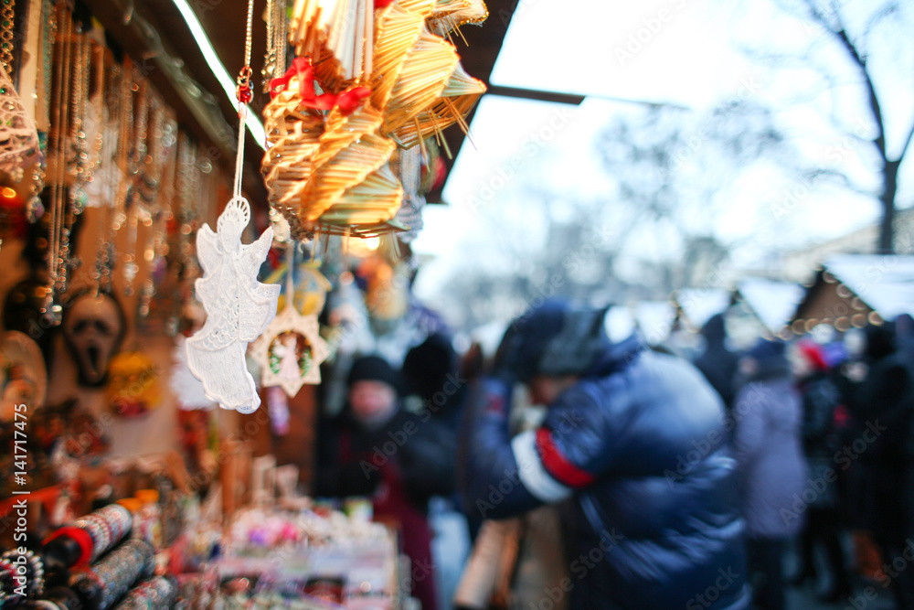 Selling Christmas decoration at traditional winter fair