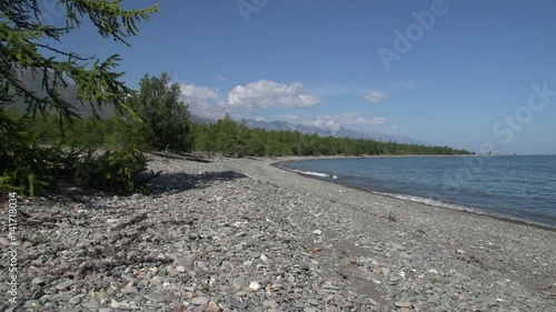 Rocky shore of Lake Baikal covered with beautiful larch. The Baikal-Lensky Reserve