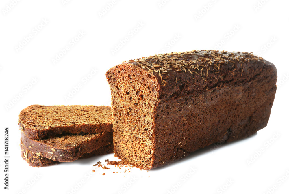 Dark bread and slices on white background Dark bread and slices on white background