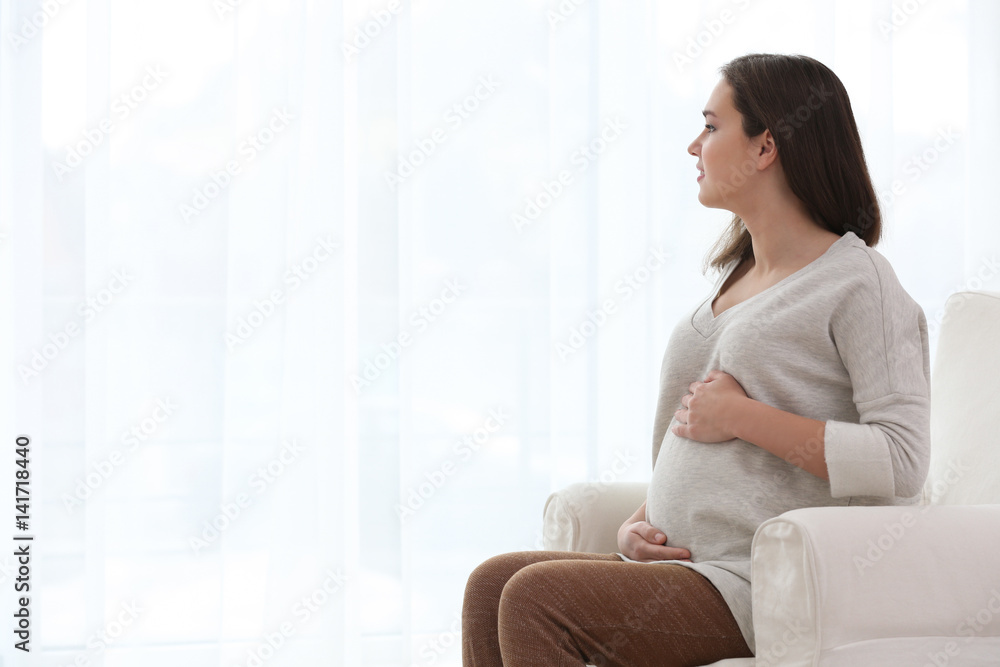 Beautiful pregnant woman sitting in arm-chair at home Beautiful pregnant woman sitting in arm-chair at home
