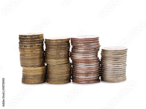 Large stack of coins on a white background