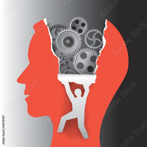 Psychology mental health concept.
Male head in profile with gear and male silhouette ripping paper background. Vector available.