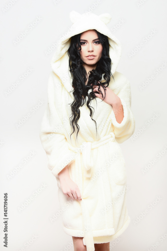 sexy girl posing in beige velour bathrobe sexy girl posing in beige velour bathrobe