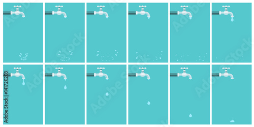 Water tap dripping with water drop and splash. Animation sprite sheet on blue background