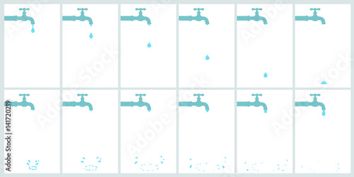 Water tap dripping with water drop and splash. Animation sprite isolated on white background