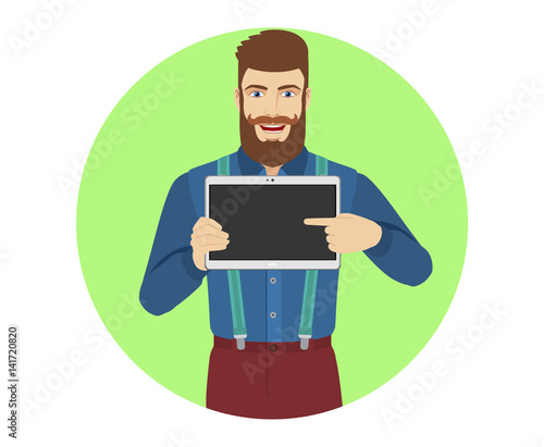 Hipster pointing at digital tablet PC