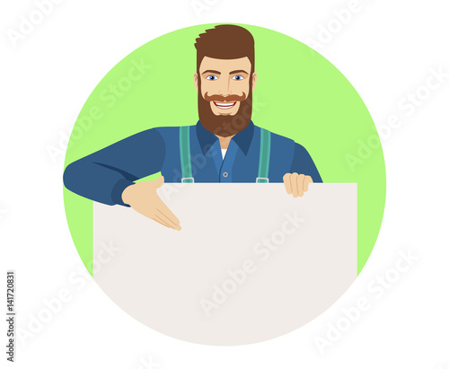 Hipster showing blank signboard