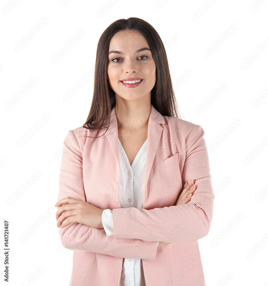 Beautiful young business woman standing on white background Beautiful young business woman standing on white background