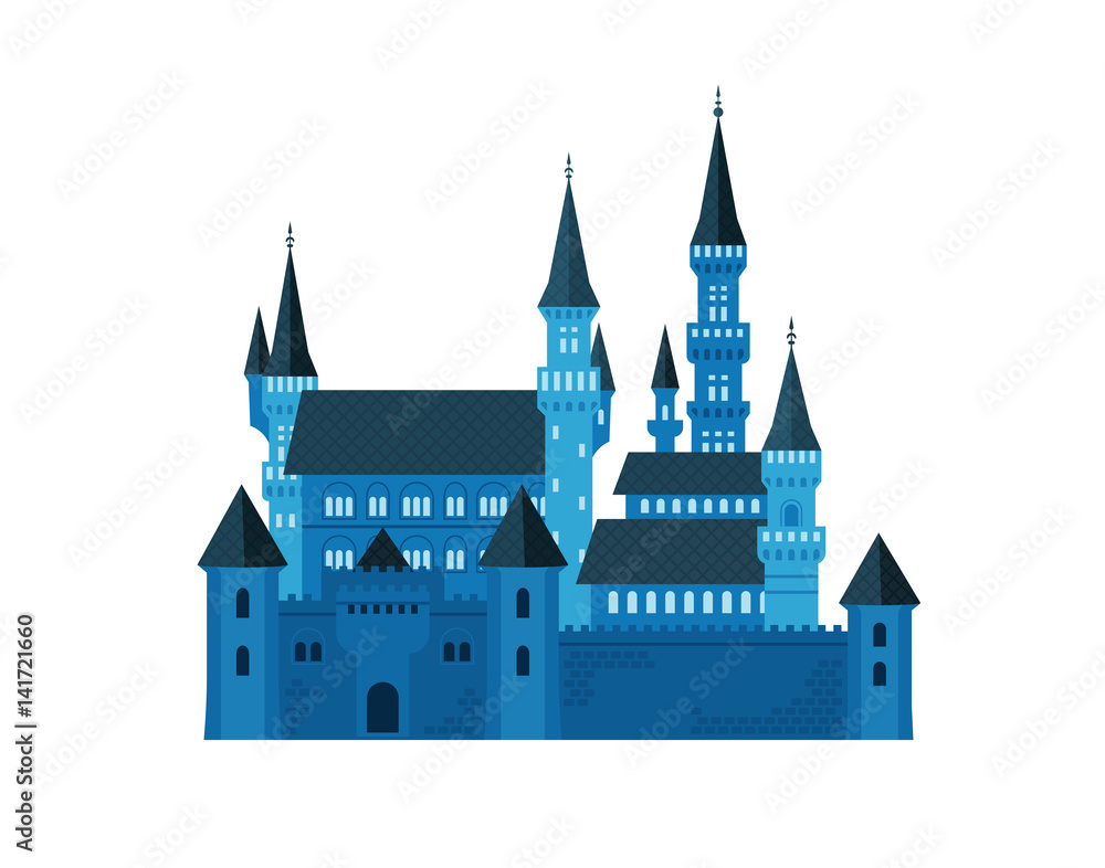 Dark blue castle. Vector flat illustration.