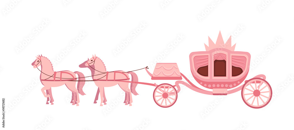 Pink carriage drawn by four horses on white background.