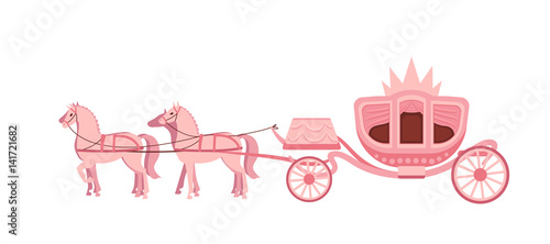 Pink carriage drawn by four horses on white background.