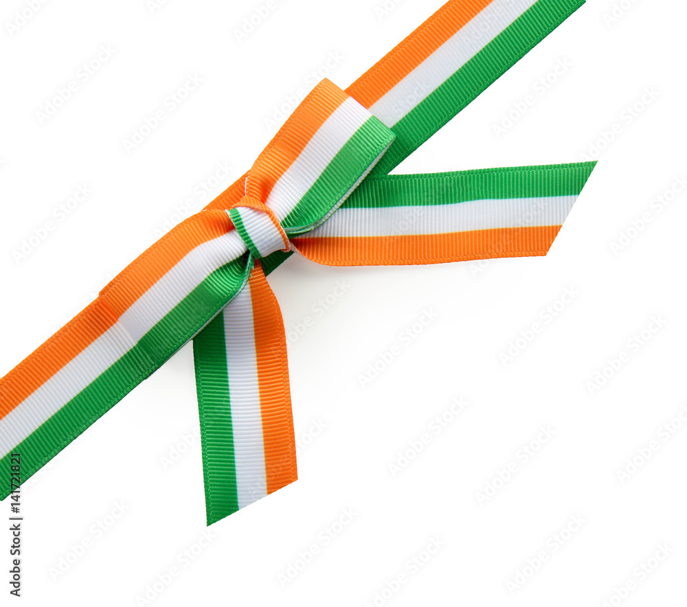Fototapeta premium Ribbon bow in colors of Indian flag on white background