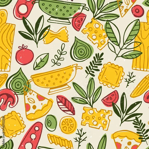 Tapety Wzór pizzy i makaronu. Zabawa szkicowy tło żywności.