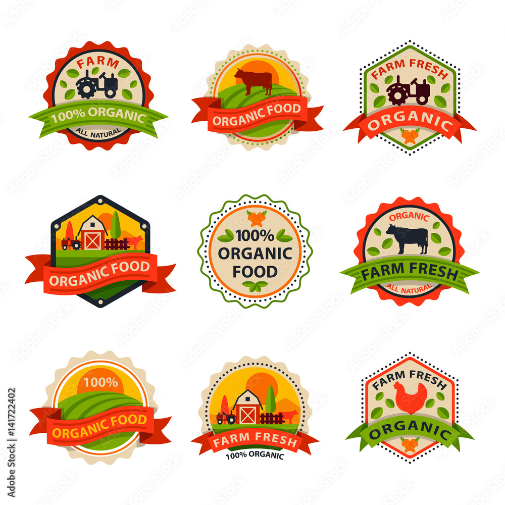 Flat style of bio organic eco healthy food label logo template and vintage vegan farm element in orange green color badge vector illustration. Flat style of bio organic eco healthy food label logo template and vintage vegan farm element in orange green color badge vector illustration.