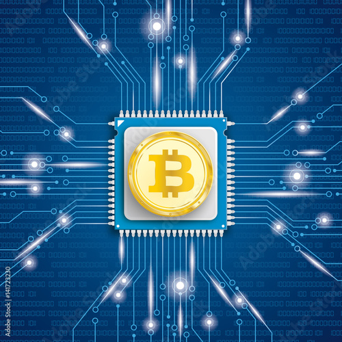 Golden Bitcoin Microchip Processor Lights