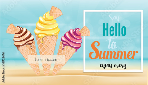 Summer time it's holiday relax and travelling on beach in summer. ice cream fulfill  Vector illustration.