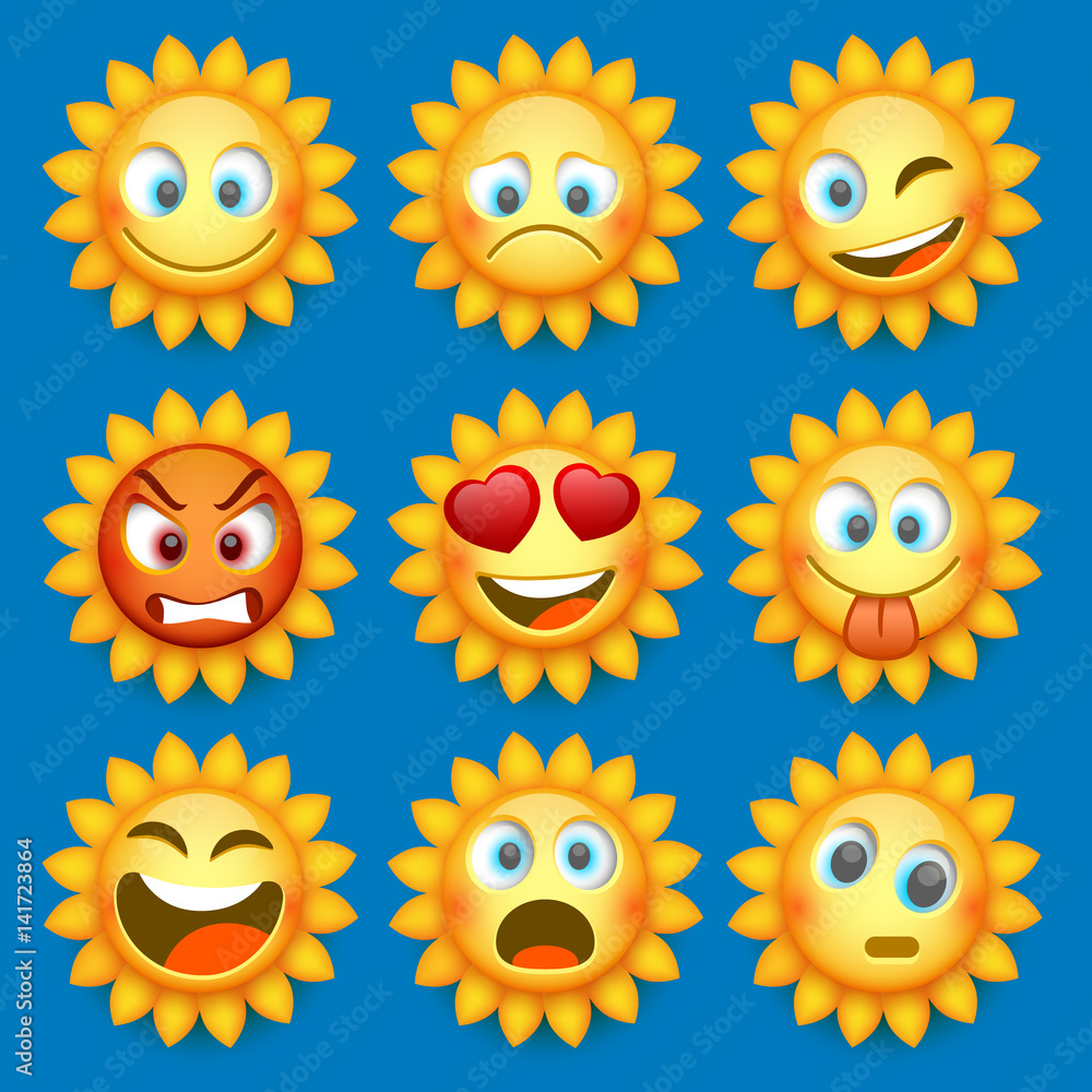 Fototapeta premium Emoji sun and sad icon set. Vector illustration