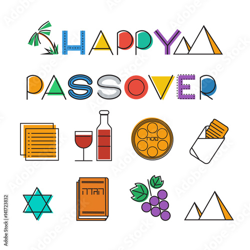 Passover icon set. Design elements collection. Jewish holiday Pesach icons. Colorful linear style. Vector illustration photo