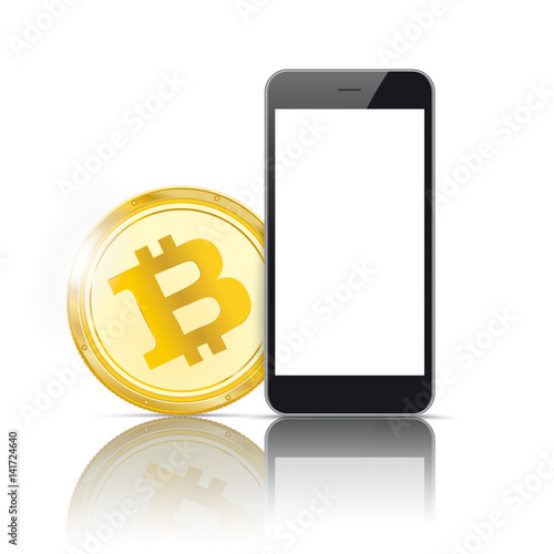 Black Smartphone Golden Bitcoin Mirror Mockup