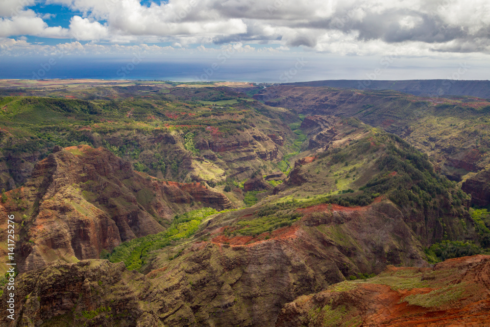 Luftaufnahme über dem Waimea Canyon auf Kauai, Hawaii, USA.
