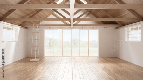 Minimalist mezzanine loft, empty industrial space, wooden roofing and parquet floor, scandinavian classic interior design with garden panorama
