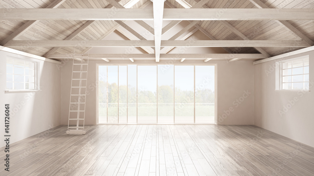 Obraz premium Minimalist mezzanine loft, empty industrial space, wooden roofing and parquet floor, scandinavian classic interior design with garden panorama