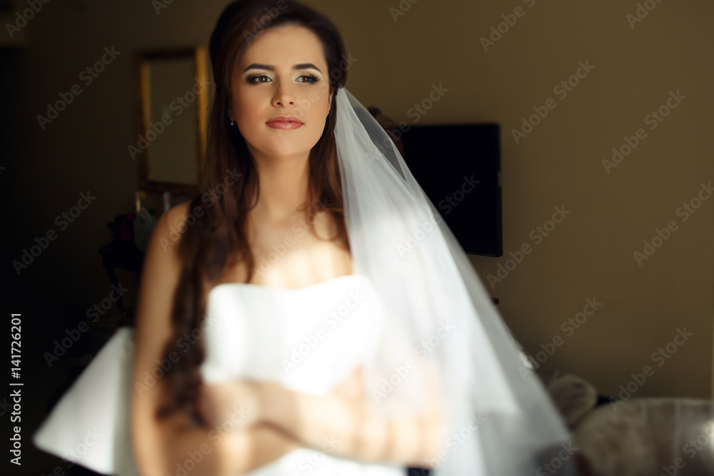 Sun shines over dreamy bride standing before the window Sun shines over dreamy bride standing before the window