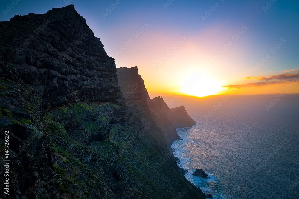 El Mirador del Balcon. Beautiful sunset on the rocky atlantic coast in the west part of Gran Canaria island
